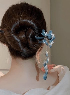 新中式花朵流苏发l簪古风女高J感盘发簪子蓝色步摇发钗马面裙配饰