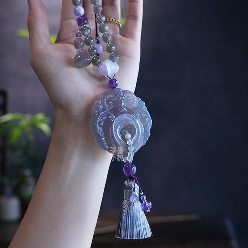 三羊开泰高档汽车挂件紫玉髓玛瑙吊坠灰L月光石水晶车内吊饰挂饰