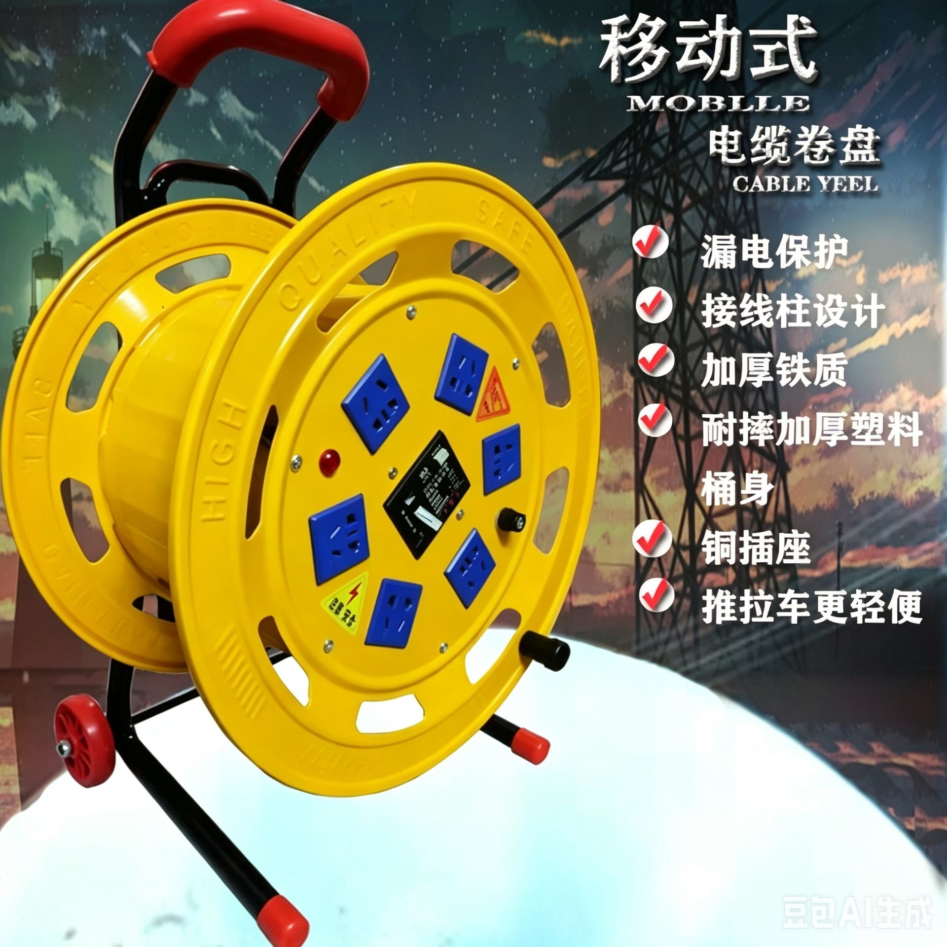 小车伸缩移动式电源电缆卷盘2*2.5㎡3*2.5防铁电缆绕线盘