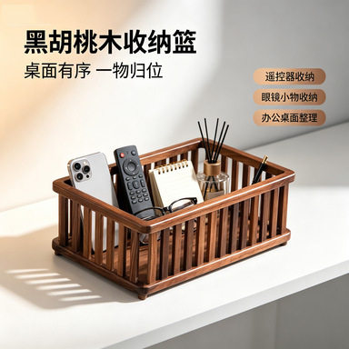 黑胡桃木桌面收纳框家用新中式客厅茶几储物架实木茶具展示柜