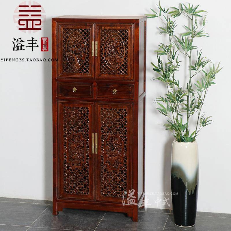 现代新中式仿古实木雕花镂空书柜带门老榆木储物置物书橱禅意家具