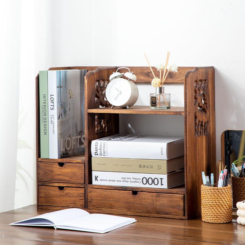 泰国进口泰式复古实木整装简易桌面收纳书架多功能桌子置物架