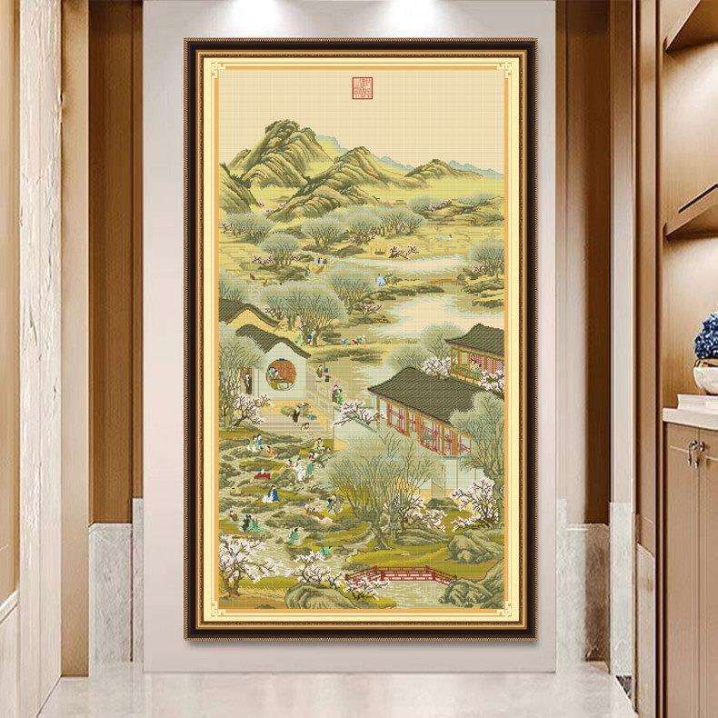 雍正十二月四月十字绣2023新款线绣客厅竖版玄关传世名画手工刺绣