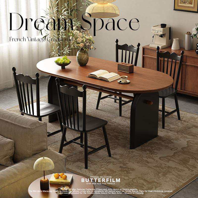 中古风餐桌椅子一套实木法式复古小户型椭圆形白蜡木家用高级餐桌