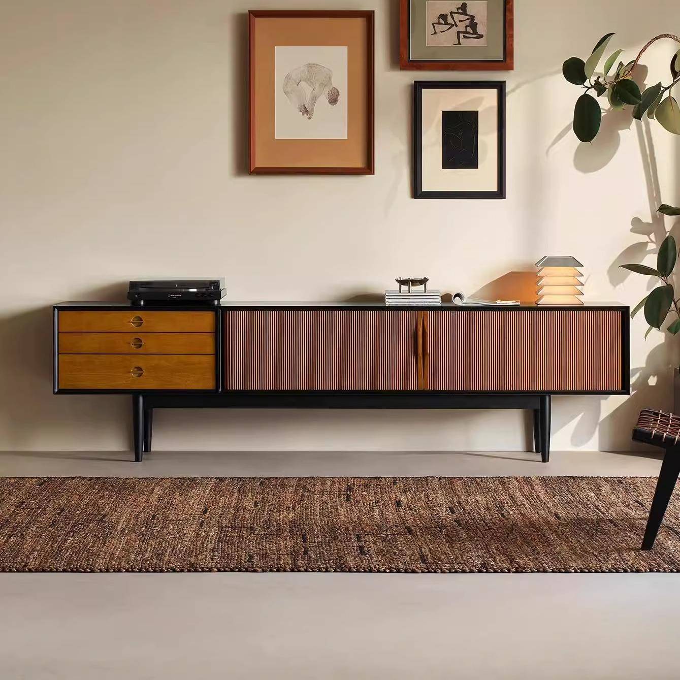 北欧实木复古小户型现代简约电视机柜组合中古风黑色拼色电视柜