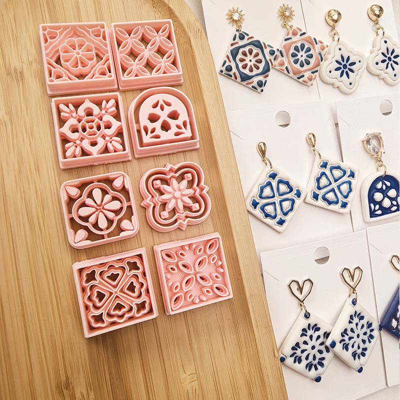 8件装依果clay国风花砖软陶聚合物陶泥模具高精度切模耳饰DIY