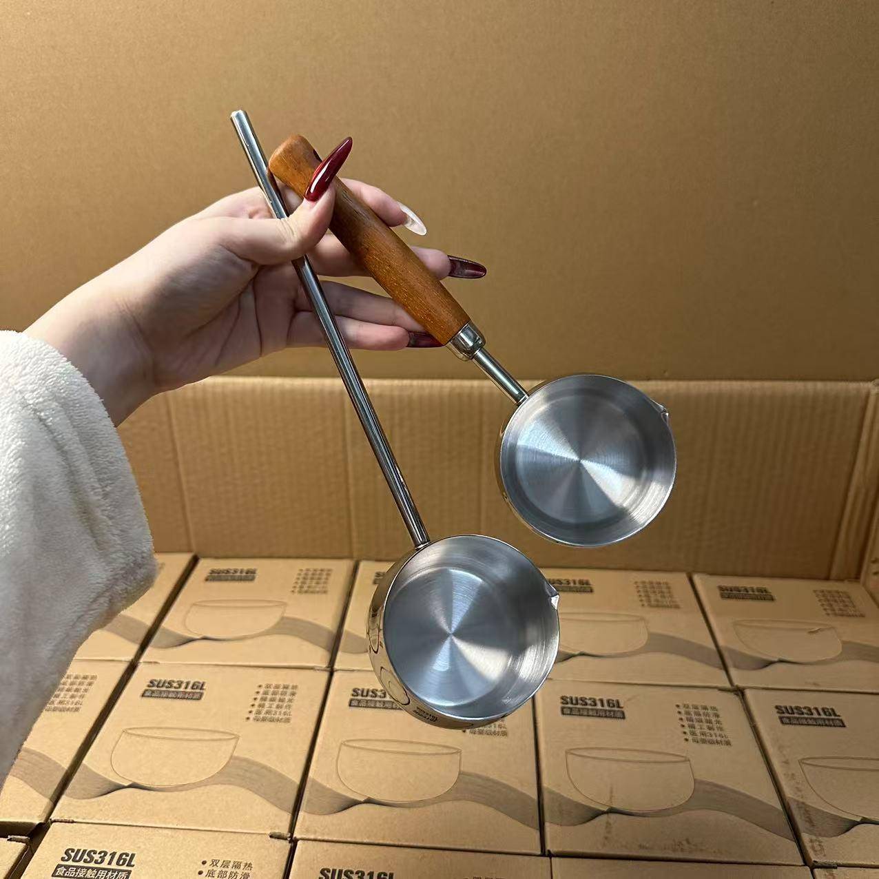 颜一好物 304不锈钢长柄平底锅木柄厨房热油炝油淋油小锅迷你奶锅