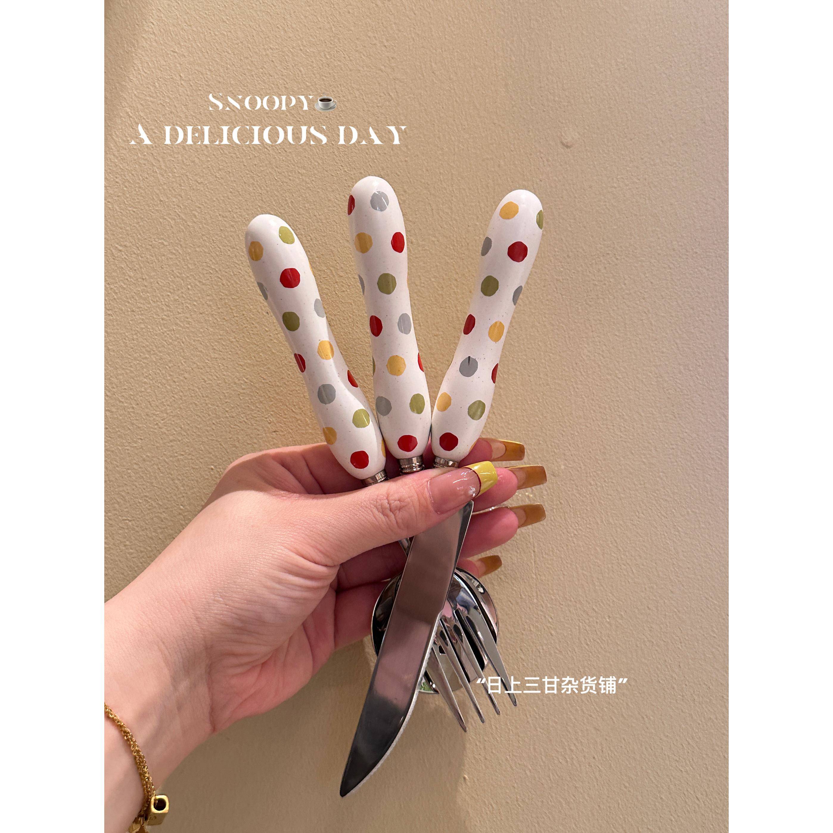 日上三甘新款复古彩色波点陶瓷手柄304不锈钢餐勺叉套装牛排刀叉