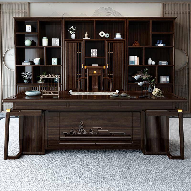 新中式乌金木实木书桌椅组合老板桌办公室书法桌禅意茶桌别墅家用