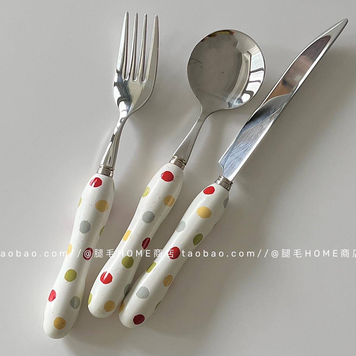 ins覆古彩色波点陶瓷柄304不锈钢餐勺叉刀套装可爱西餐牛排刀叉