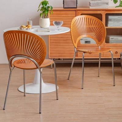 实木餐椅贝壳椅中古风靠背凳子可叠放餐桌椅子家用茶桌复古太阳椅