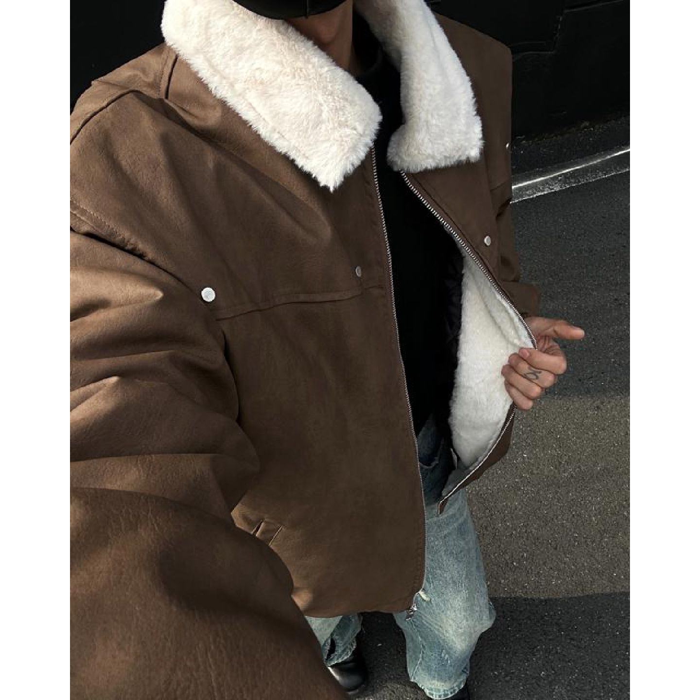 美式pu皮羊羔绒棉服男冬季潮牌宽松加厚保暖翻领皮毛一体夹克外套