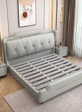 现代简约床意式真皮床极简1.8米双人床轻奢主卧高端大气婚床卧室