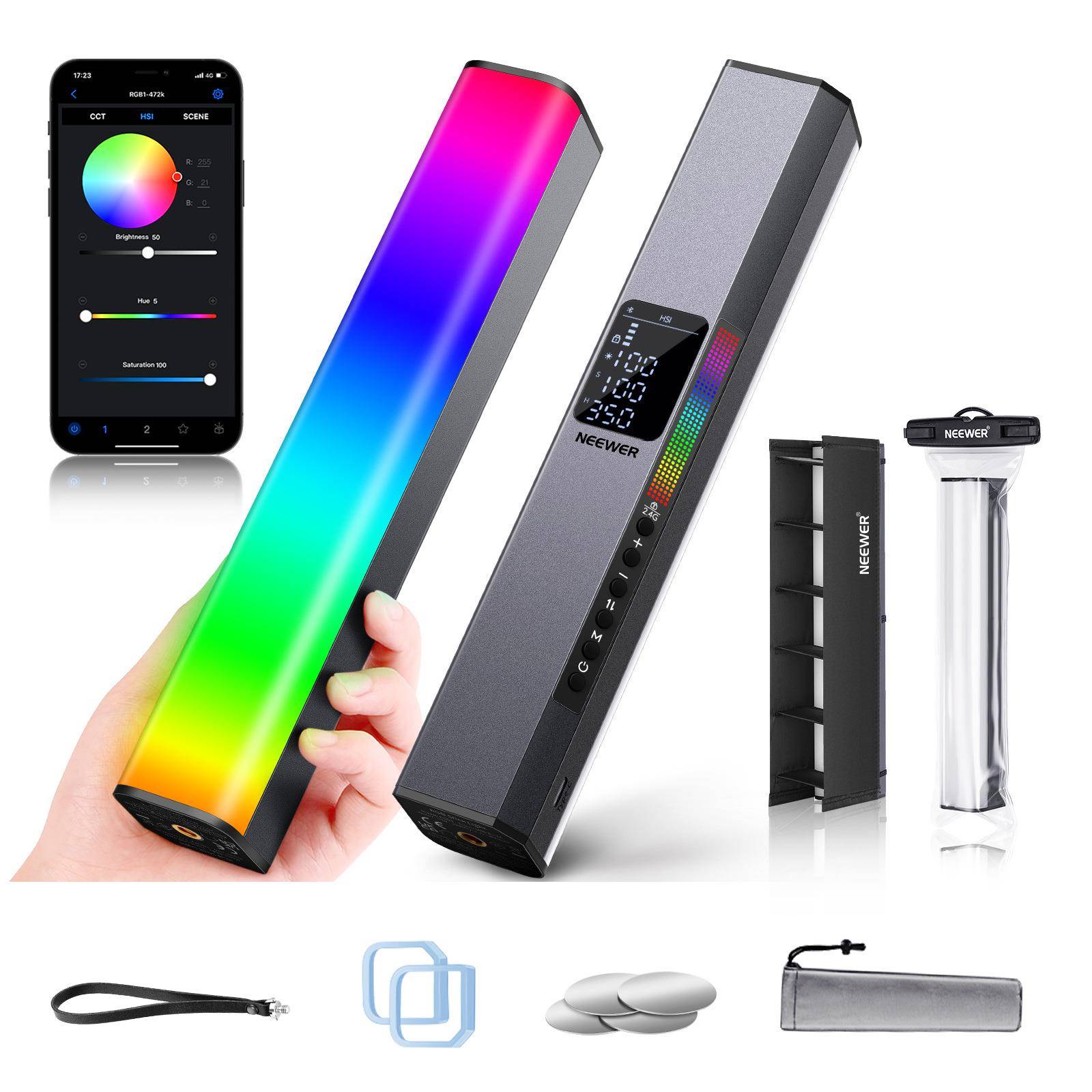 纽尔RGB1彩色手持棒灯led摄影补光灯冰灯带磁性内置电池APP遥控