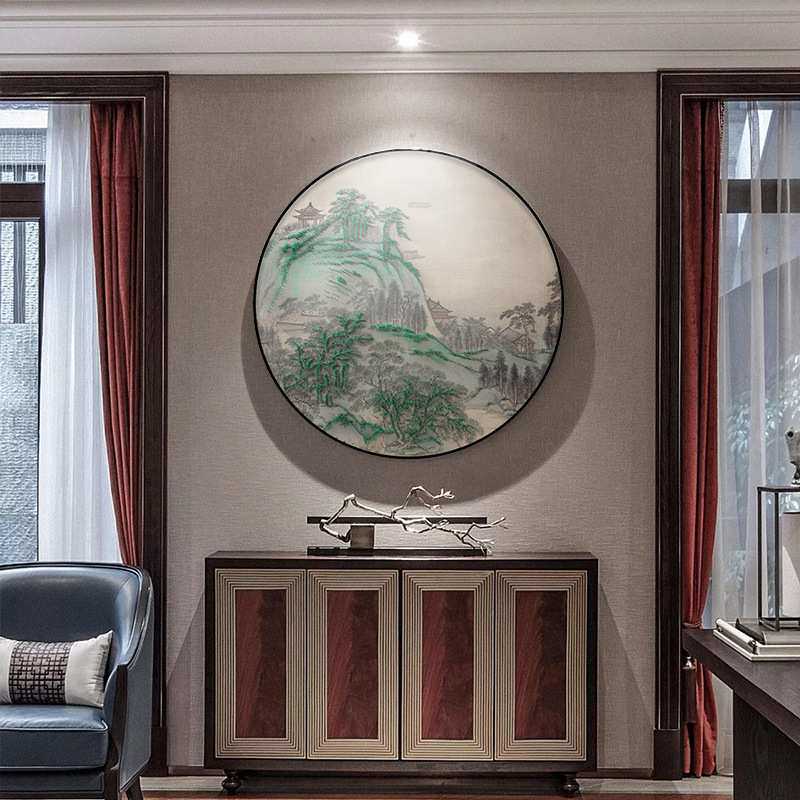 新中式圆形钉子画山水玄关手工实物画客厅样板间卧室书房装饰画