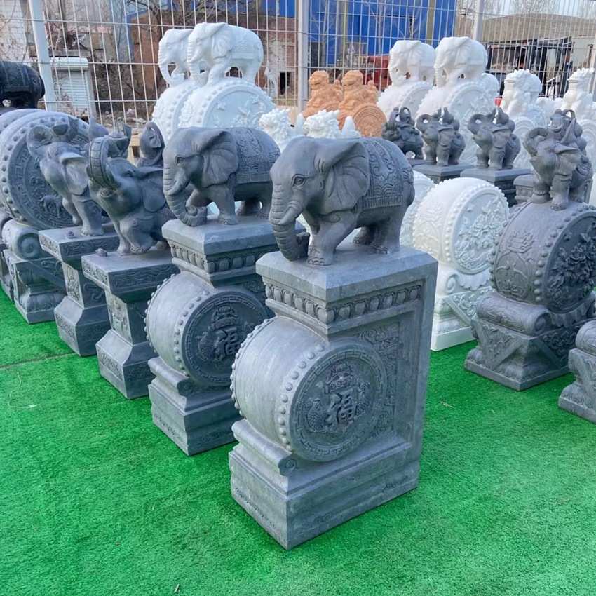 门口青石石雕小象抱鼓石原石原色庭院家居门厅两侧石雕摆件装饰