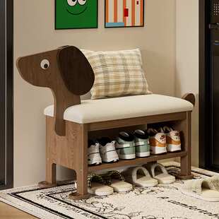 家用实木小狗换鞋凳可爱创意可坐式长条凳入户门玄关鞋柜坐凳一体