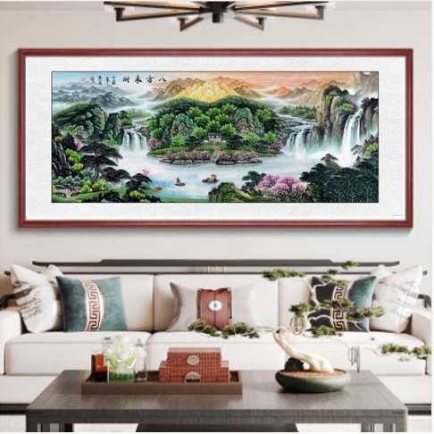 八方来财客厅山水画沙发背景墙挂画新款国画迎客松办公室靠山画