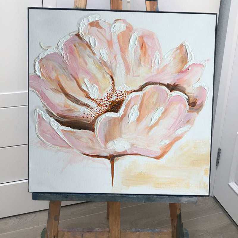 花卉装饰画手绘油画卧室床头温馨粉色挂画 手工石英砂肌理刀画