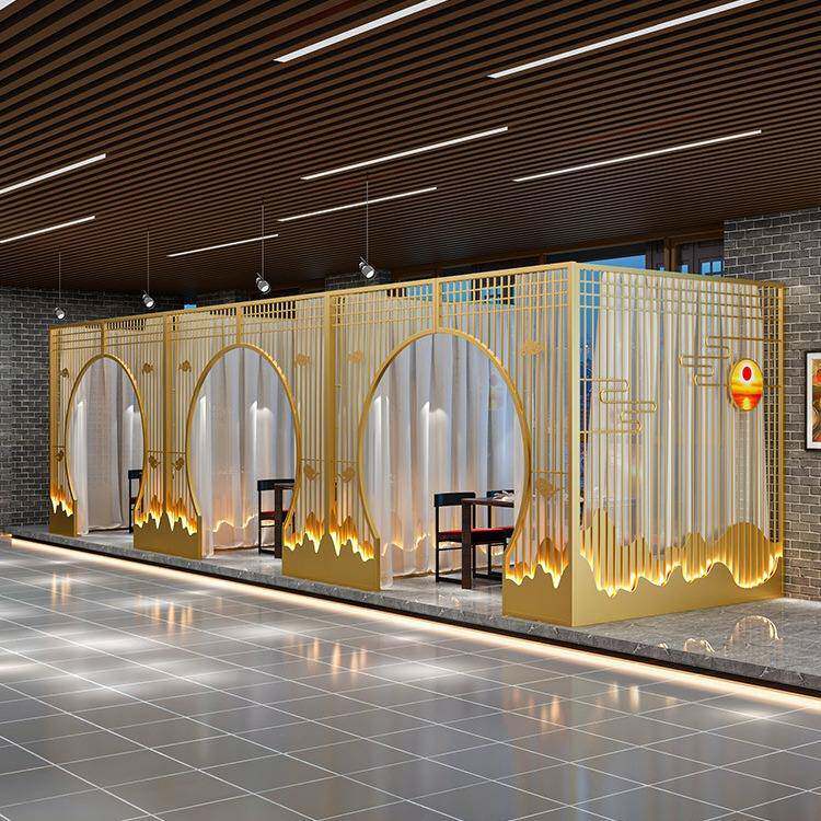 新中式餐厅月洞门拱门铁艺隔断火锅店饭店月亮门屏风包间卡座格栅