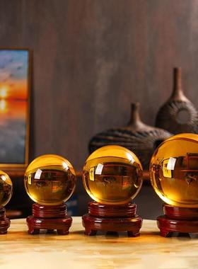 透明水晶球摆件K9黄色粉色彩色玻璃球底座内雕艺术装饰工艺品