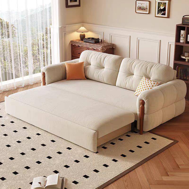 法式复古奶油风实木沙发床折叠两用家用客厅小户型2025新款伸缩床