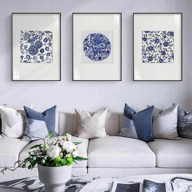 青花墨海新中式客厅三联装饰画蓝色青花瓷挂画中国风餐厅背景壁画图片