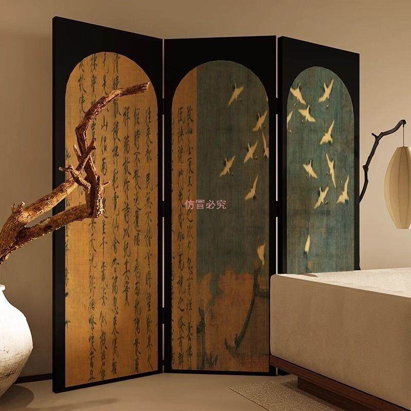 东方美学新古典屏风折叠移动客厅玄关茶室卧室床头宋微宗仙鹤折屏