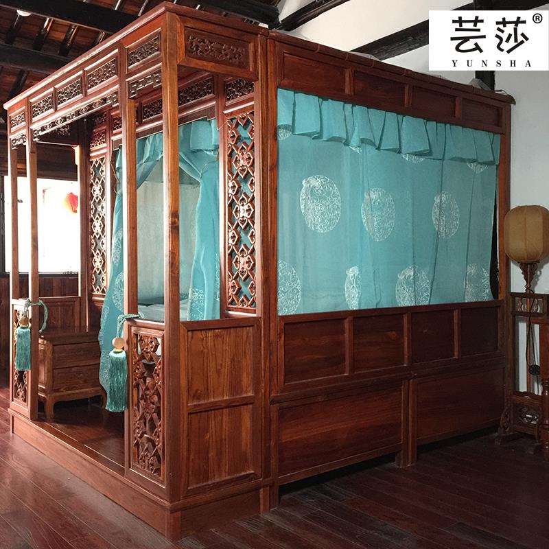 博帏中式蚊帐仿古典拔步床月洞床可定湖蓝松鹤延年整体绣花款床幔