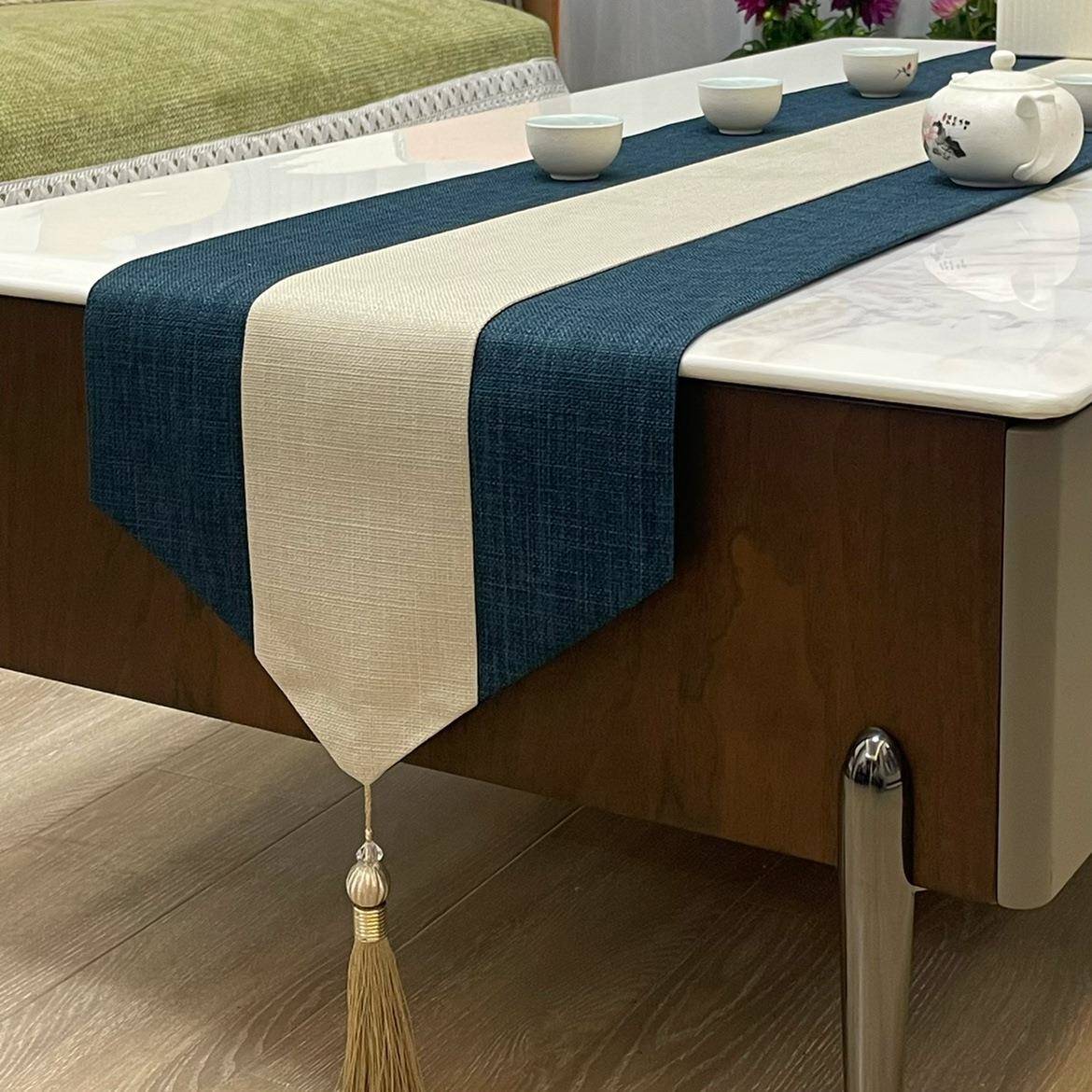 【折扣价】复古布艺中式桌旗现代简约棉麻拼色流苏长桌布茶几节日