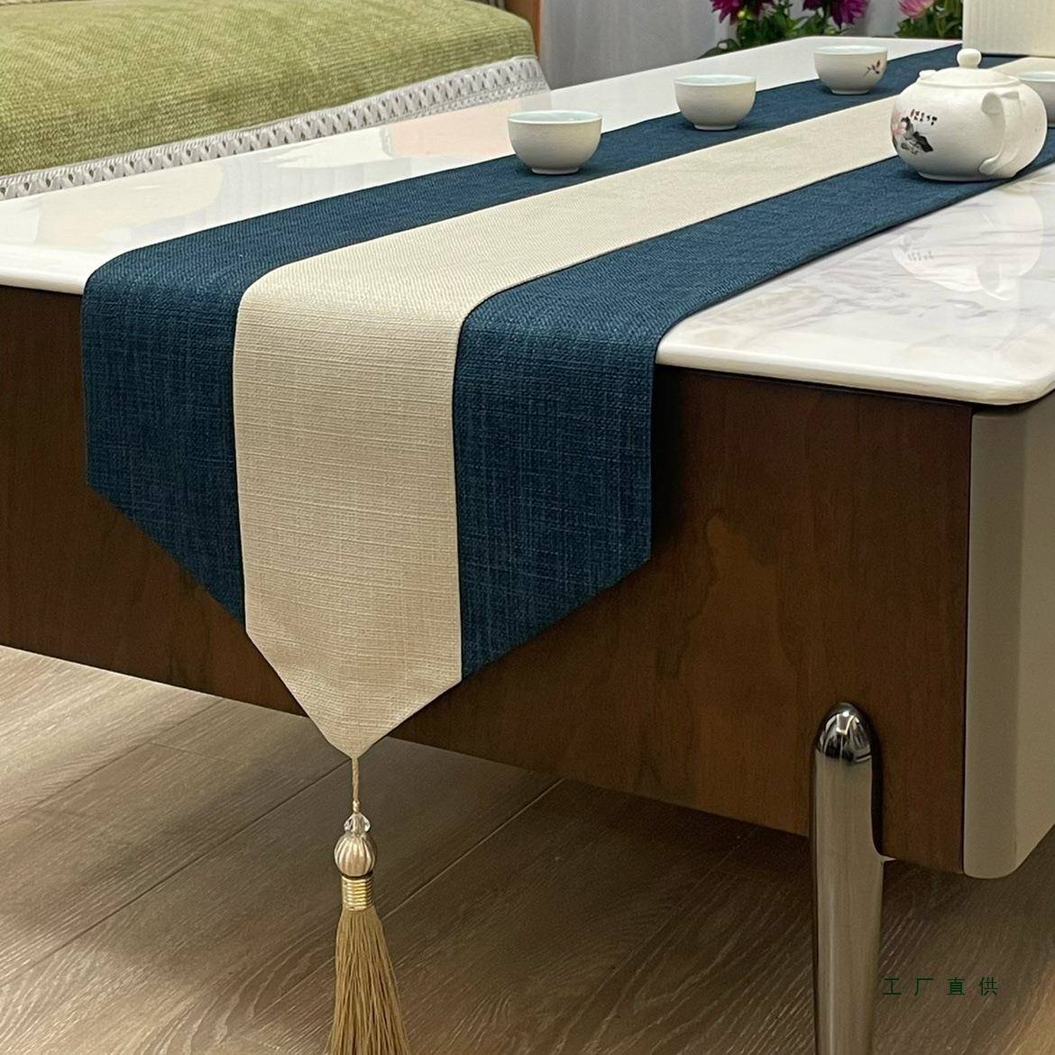【折扣价】复古布艺中式桌旗现代简约棉麻拼色流苏长桌布茶几节日