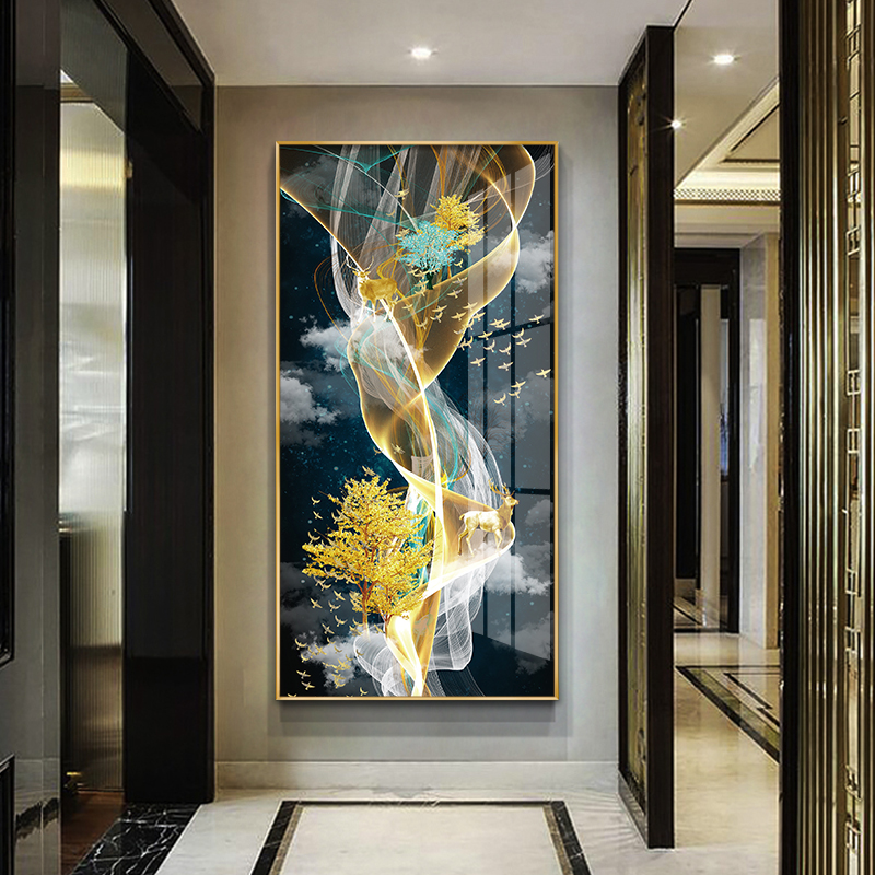 网红代轻奢铝合现金招财鹿象户玄关装饰画入客厅酒店走廊过道抽挂图片