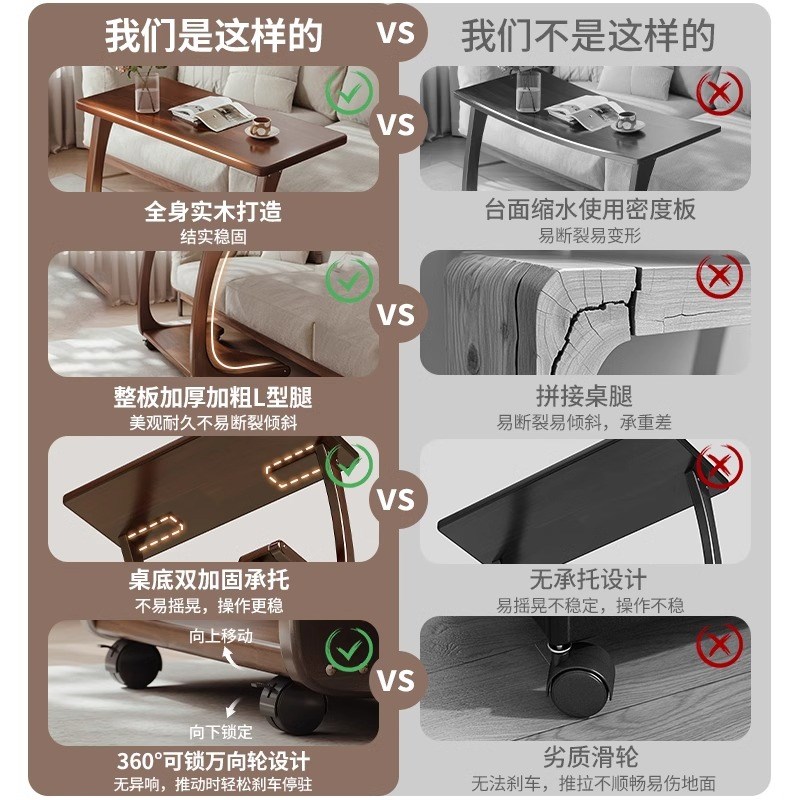 实木沙发边几可移动床头桌子带轮侧边柜家用客厅小户型C型小茶几