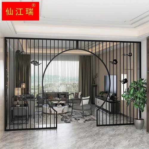 新品定制新中式茶餐厅仿古月洞门屏风铁艺隔断客厅玄关圆月亮金属