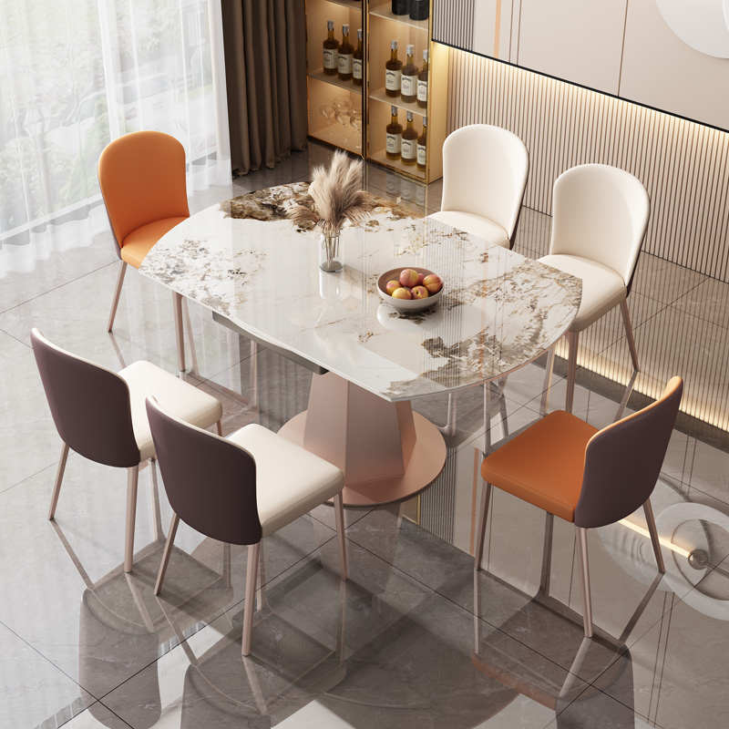 轻奢亮光岩板餐桌现代简约旋转伸缩折叠方圆两用小户型家用饭桌