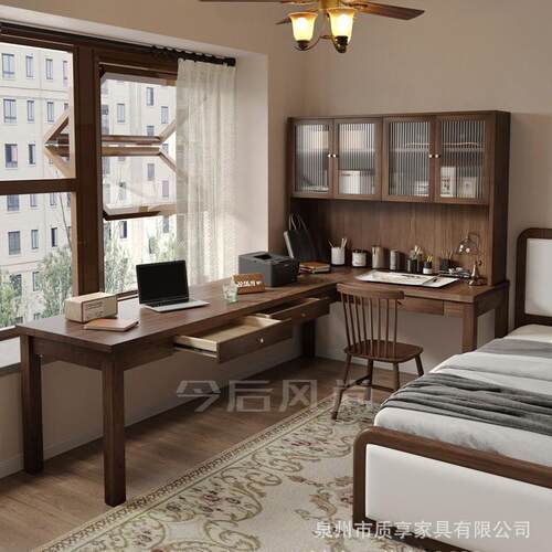 实木转角书桌书柜一体墙角学习桌复古大板工作台l型七字型电脑桌L