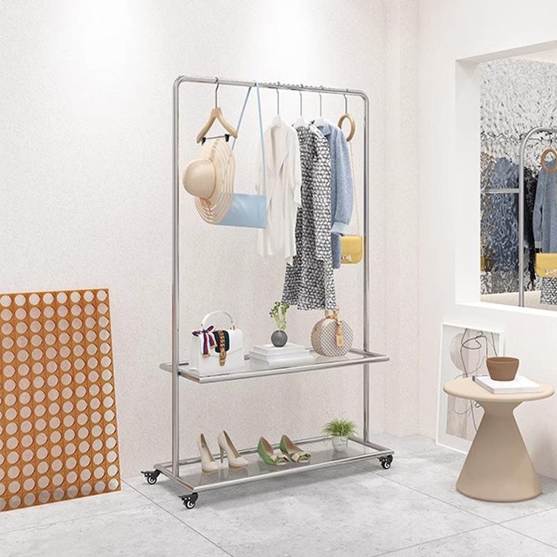 服装店带轮子展示架不锈钢可移动带置物衣帽架金属道具货架简约