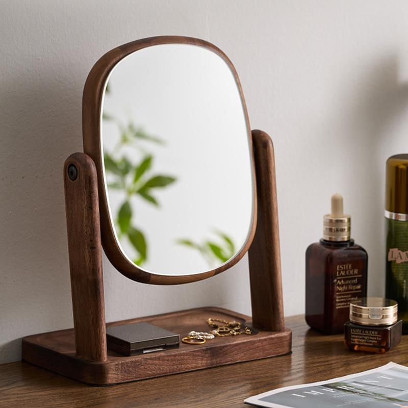 梳妆台化妆镜胡桃木质镜子边框桌面实木中古风可旋转道具高清化妆