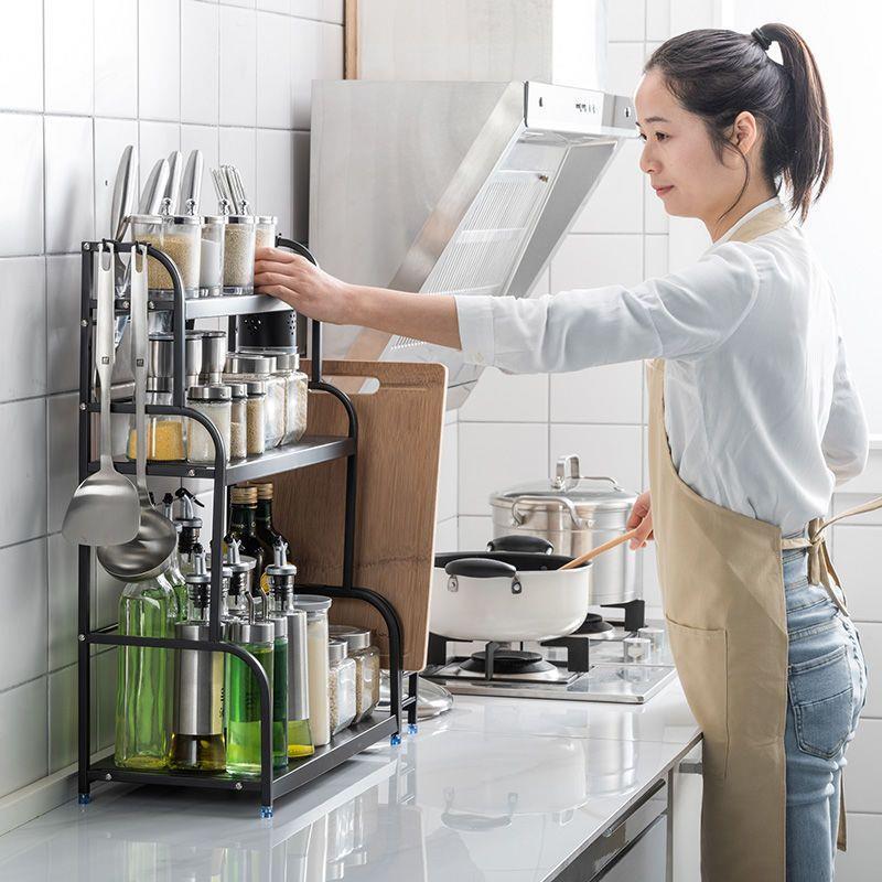 【折扣价】加厚不锈钢厨房架子置物架落地调料架台面可挂收纳架厨