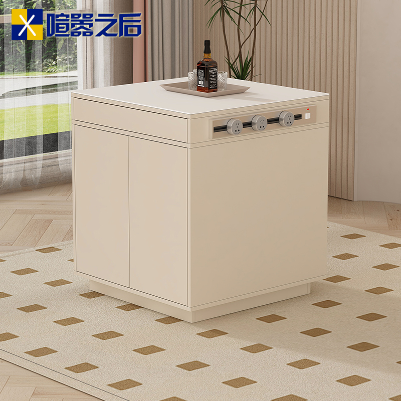 奶油风岩板岛台悬浮餐桌u一体组合开放式厨房中岛台茶水桌吧台柜