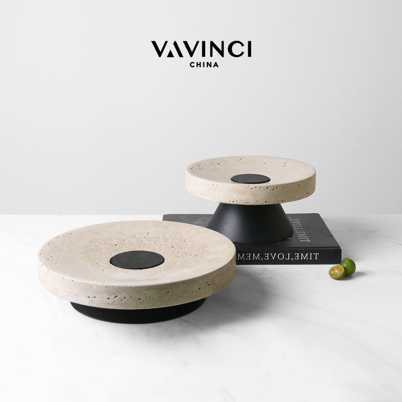 梵其侘寂风创意洞石圆形实木底A托盘摆件简约客厅茶几餐桌果盘装