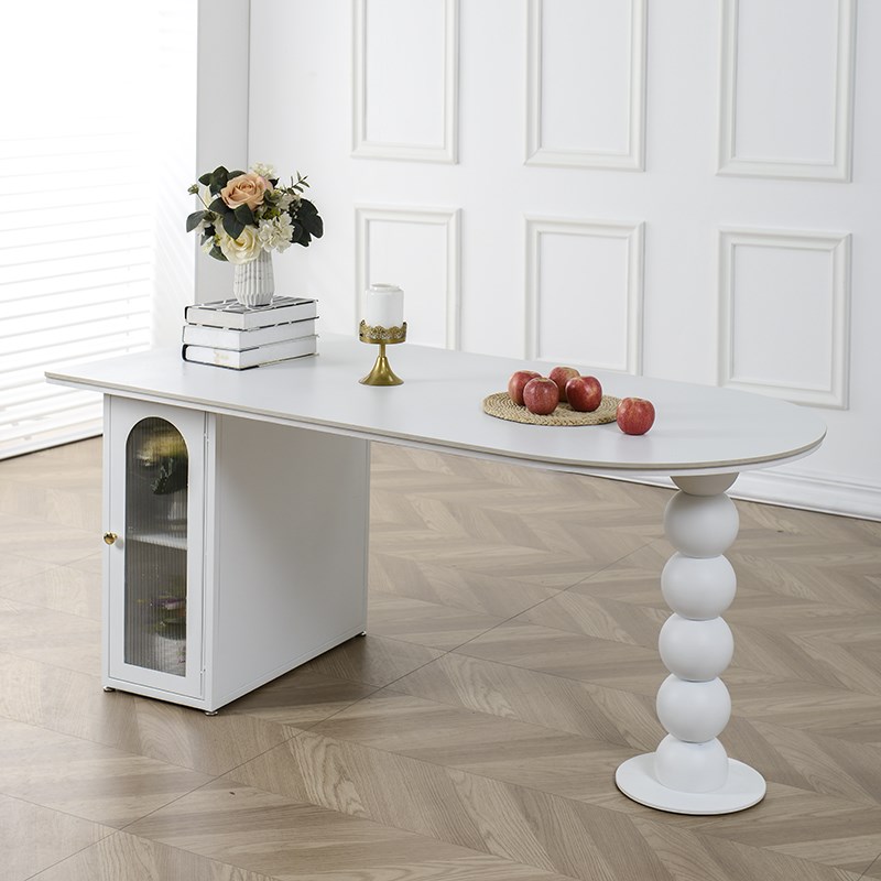 法式奶油风岩板餐桌餐边s柜一体小户型家用中岛台半椭圆餐台储物