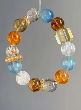 「暖屿微光」天然黄胶花雪花幽灵水晶手串高级设计感海蓝宝手链