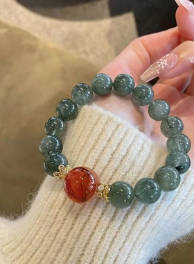 小众设计天然绿发晶招财转运手串红胶花白水晶貔貅手链喜木火女