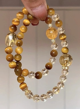 「日进斗金」天然虎眼石冰体黄水晶串珠手串双圈中式高级感手链女