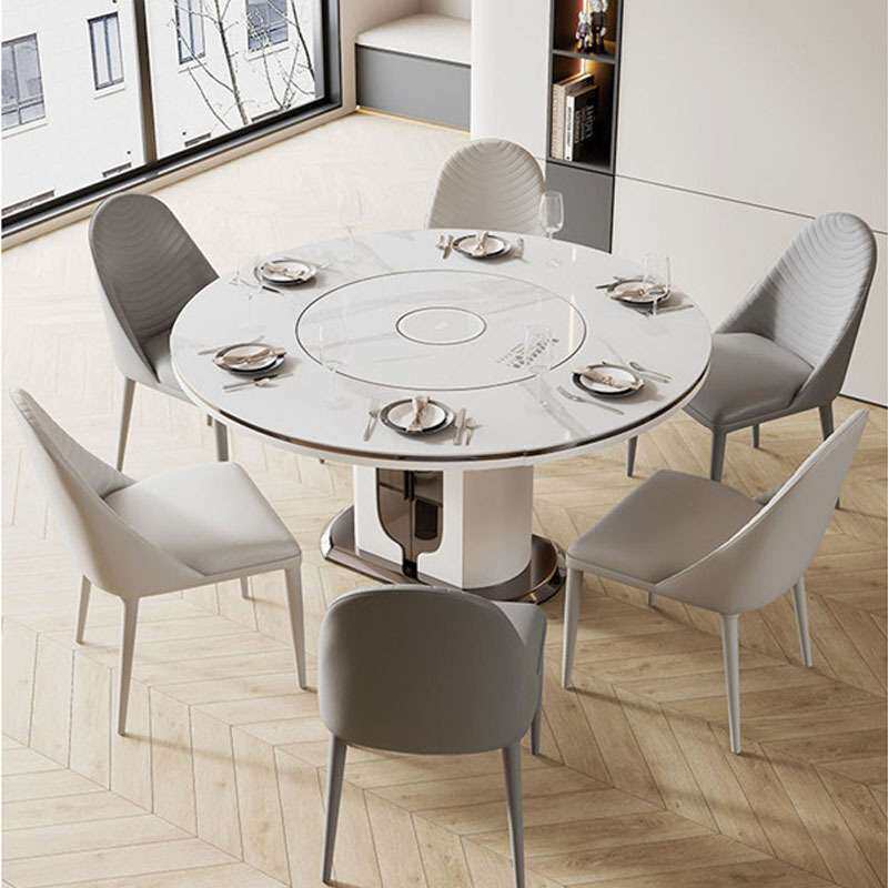 奢姿可旋转伸缩变圆桌岩板餐桌椅组合内嵌电磁炉转盘家用轻奢圆形