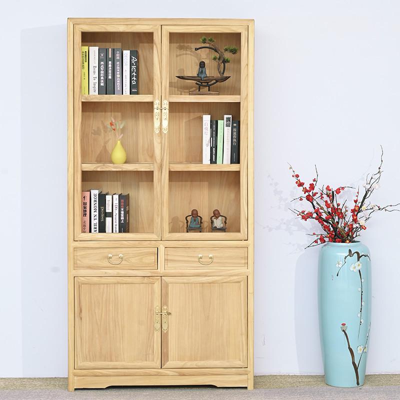 新中式博古架老榆木置物展示架仿古原实木免漆两门书柜子玻璃定制