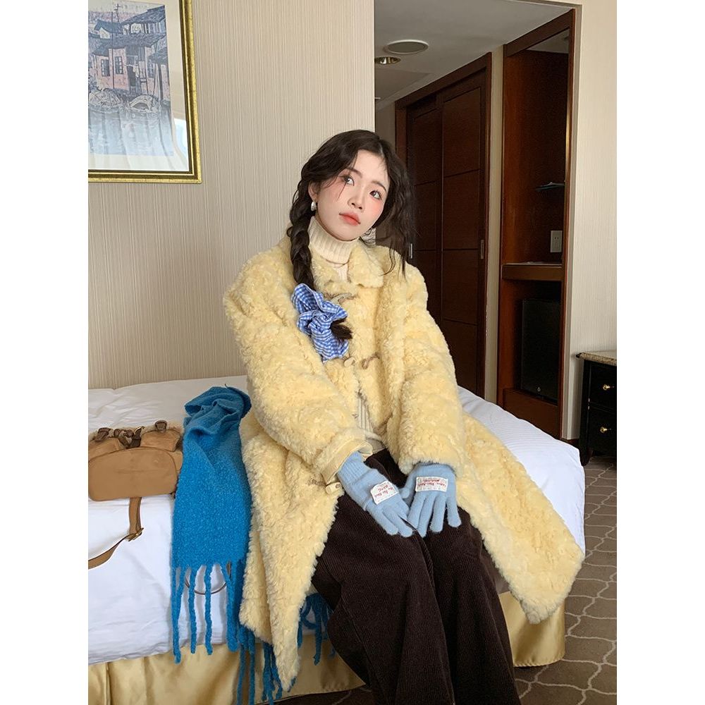 芒果舒芙蕾 韩系慵懒秋冬软糯撞色牛角扣毛毛外套女加厚毛绒大衣