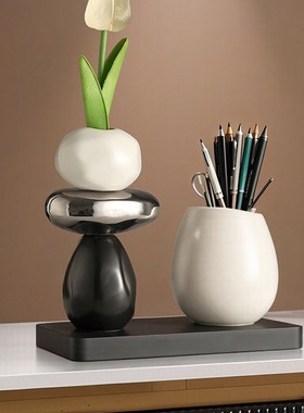轻奢高档石来运转收纳笔筒摆件家居F客厅玄关办公室桌面花瓶装饰