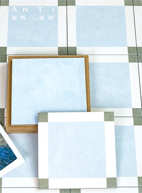 中古风覆古蓝色格子m奶油风小花砖厨房咖啡厅饭厅化妆室面 面包店